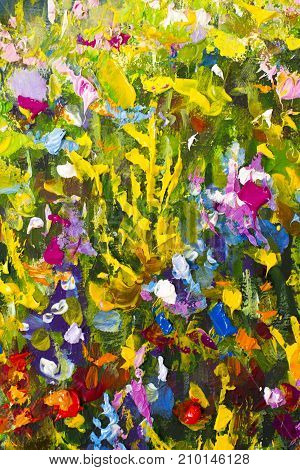 Original handmade abstract oil painting bright flowers made palette knife. Red yellow blue purple abstract flowers. Macro impasto painting.