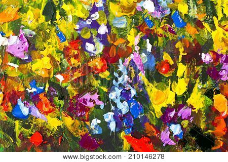 Original handmade abstract oil painting bright flowers made palette knife. Red yellow blue purple abstract flowers. Macro impasto painting.