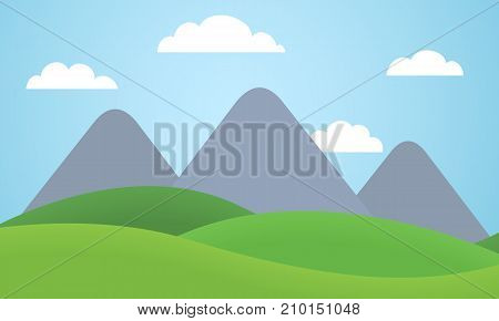 Cartoon colorful vector flat illustration of mountain landscape with meadow under blue sky with clouds