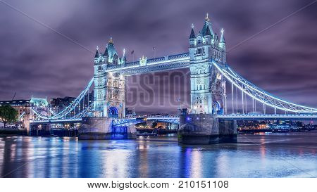 London, the United Kingdom: Tower Bridge on River Thames at night