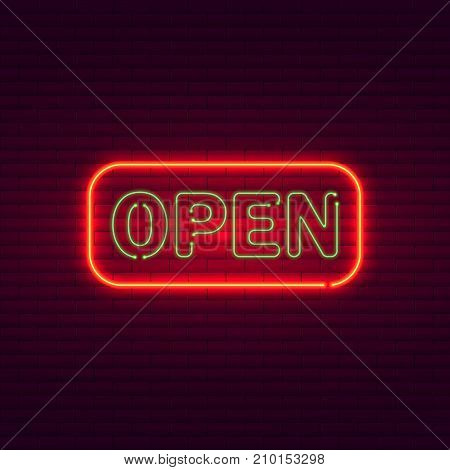 Open neon sign on brick wall. Vintage signboard.