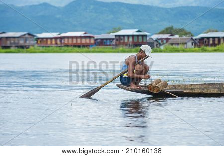 INLE LAKE MYANMAR - SEP 07 : Burmese fisherman at Inle lake Myanmar on September 07 2017 inle Lake is a freshwater lake located in Shan state