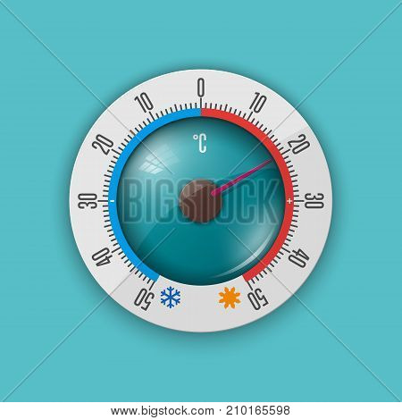 Round glass thermometer with a scale along the circumference, heat and cold. Realistic style. Vector illustration