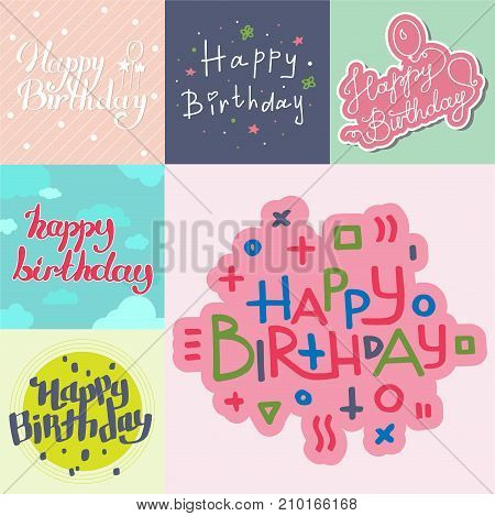 Beautiful birthday invitation card design colorful lettering poctcard vector greeting decoration strips lettering. Calligraphy text for party festive cartoon poster and celebrate present banner.