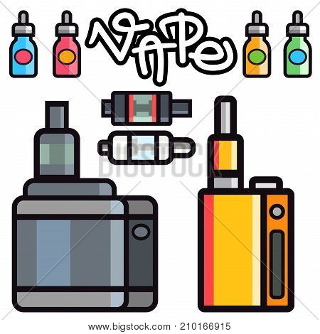 Vape device vector set cigarette vaporizer vapor juice vape bottle flavor illustration battery coil. Trend new culture electronic nicotine liquid. Smoking atomizer device e-liquid.