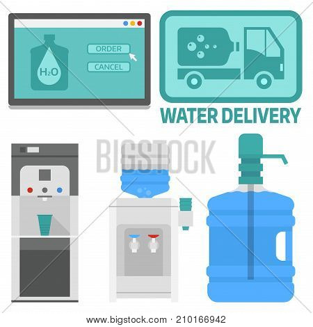 Water delivery design elements. Drink bottle plastic blue container business service. Mineral liquid worker job industry. Fresh cooler big clean pure beverage vector.