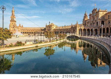 SEVILLA,SPAIN - OCTOBER 1,2017 - View at the North side of Plaza de Espana in Sevilla. Sevilla is situated on the plain of the river Guadalquivir.