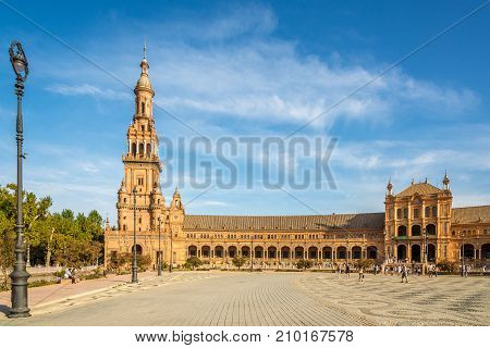 SEVILLA,SPAIN - OCTOBER 1,2017 - View at the North tower of Place of Espana in Sevilla. Sevilla is situated on the plain of the river Guadalquivir.
