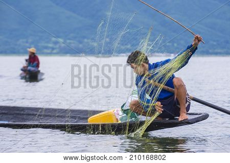 INLE LAKE MYANMAR - SEP 07 : Burmese fisherman at Inle lake Myanmar on September 07 2017 inle Lake is a freshwater lake located in Shan state