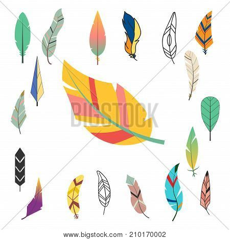 Tribal flat feather different style bird vintage colorful ethnic hand drawn element decorative drawing nature quill painting vector illustration. Creative indian elegance ink symbol.