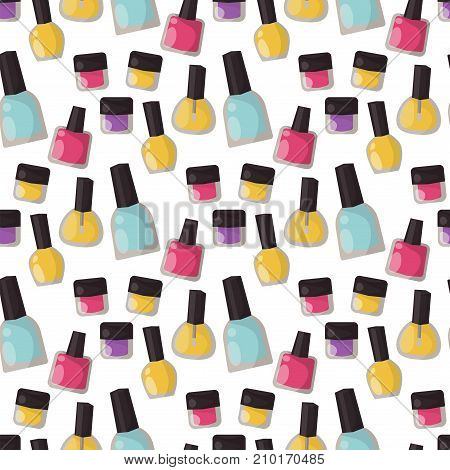 Red nail polish bottle varnish enamel glamour fashion liquid seamless pattern background. Cosmetic color beauty paint accessory female vector illustration.
