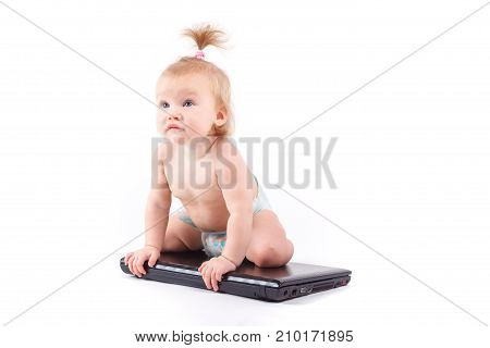Cute Cheerful Little Girl Sit On Laptop