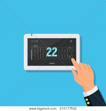 Modern digital touchscreen thermostat. Close-up of person hand with temperature controller. Concept air conditioning and smart home. Vector illustration in flat style.