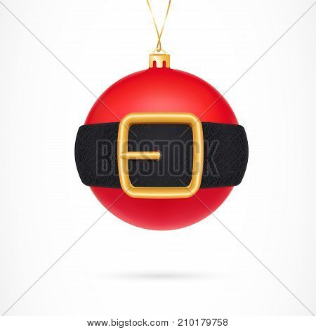 Illustration of red Christmas ball girdled with Santa belt. New Year, Christmas, decoration. Celebration concept. Design element for greeting cards, banners, posters, leaflets and brochures.