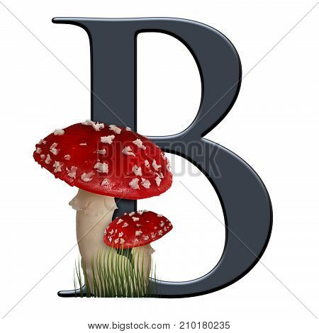 3D render of alphabet capital letter B embellished with red toad