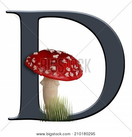 3D render of alphabet capital letter D embellished with red toad