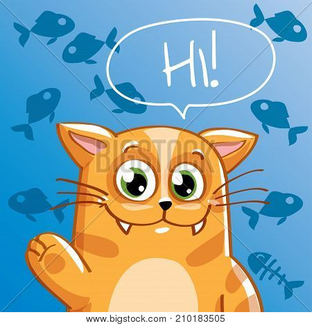 Vector illustration of cute cartoon hapy fun cat. Greeting card, postcard. Hi