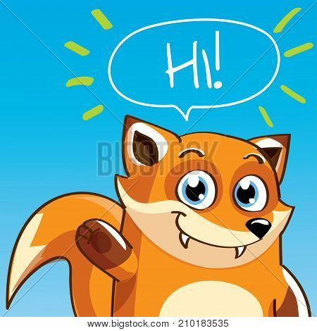 Vector illustration of cute cartoon hapy fun fox. Greeting card, postcard. Hi