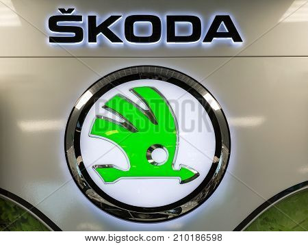 Samara Russia - June 3 2017: The dealership sign of Skoda. Skoda Auto is an automobile manufacturer based in the Czech Republic