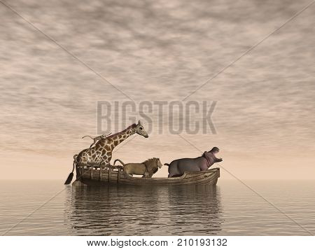 Wild animals safe on a wooden boat by sunset - 3D render