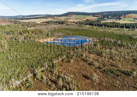 Aerial view on Chalupska moor in autumn Sumava National Park Czech Republic.