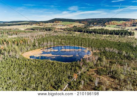 Aerial view on Chalupska moor in autumn Sumava National Park Czech Republic.