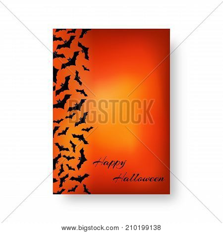 Scary cover design of the catalog with bats for festive Halloween design on the orange backdrop. Vector illustration.