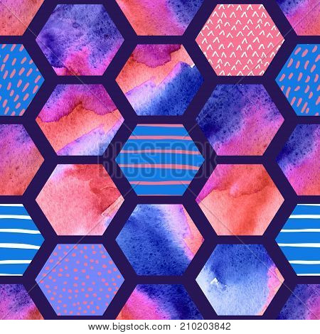 Watercolor hexagon seamless pattern. Abstract geometric background with scribble doodle texture. Geometrical hexagon elements in 80s or 90s. Hand painted illustration in rave colors