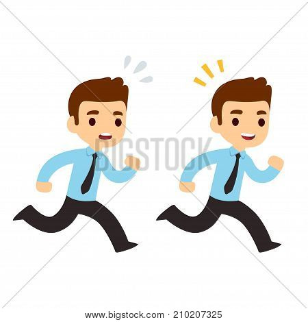 Funny cartoon running businessman illustration in modern flat vector style. Stressed anxious and happy successful. Business concept drawing.