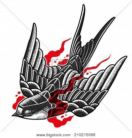 dotwork style swallow on fire tattoo vector illustration