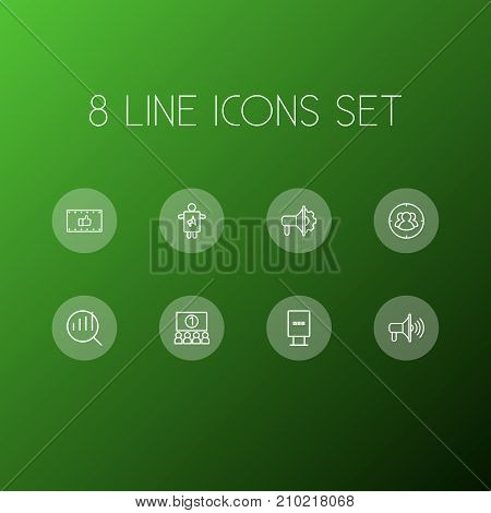 Collection Of Promotion, Audience, Advertising Agency And Other Elements.  Set Of 8 Advertising Outline Icons Set.
