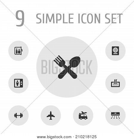 Collection Of Chiller, Basin, Airplane And Other Elements.  Set Of 9 Motel Icons Set.