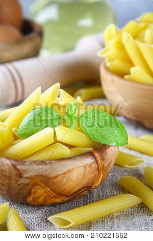 Penne Rigate. Macaroni In The Form Of Feathers. Mostaccioli Pasta