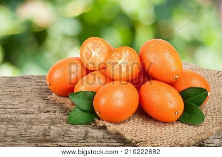 Cumquat or kumquat with leaf on old wooden table with blurry garden background.