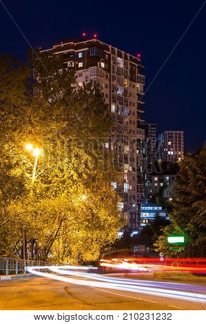 Beautiful view of illuminated Tonnelnaya street at dusk Sochi Russia