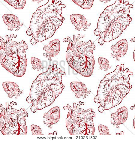 red anatomical human hearts medical vector seamless pattern