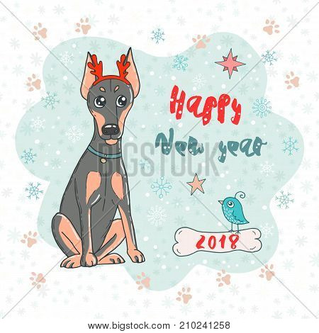 Christmas and Happy New year card with doberman dog wearing deer horn rim and cute bird. Funny illustration for your design in cartoon style. Dog is symbol of Chinese New Year 2018.