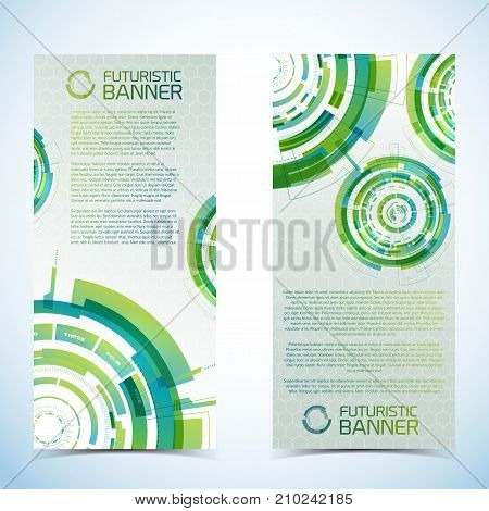 Set of two isolated vertical modern virtual technology banners with elements of green futuristic design circles and editable text vector illustration