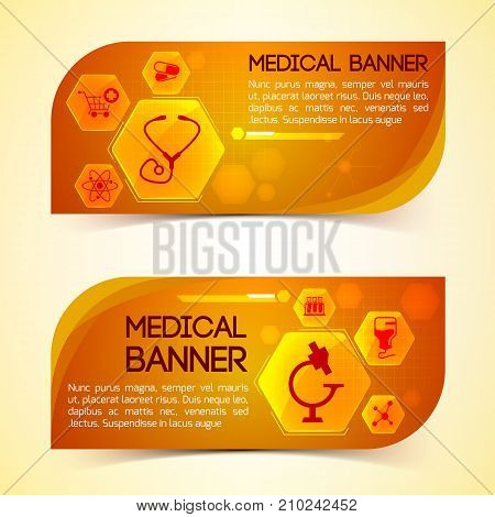 Medicine orange horizontal banners set with science symbols flat isolated vector illustration