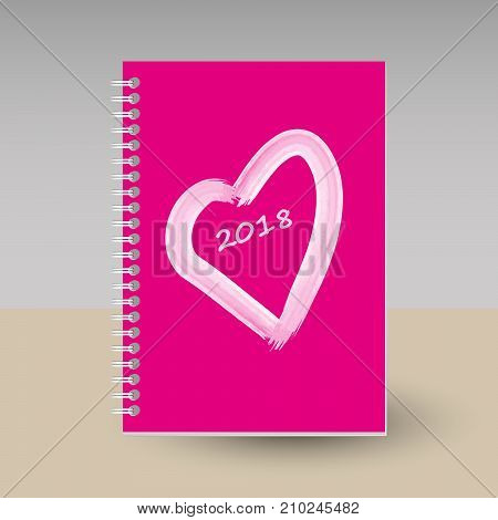 vector cover of diary or notebook with ring spiral binder - format A5 - layout brochure concept - hot pink colored with white heart and hand painted heart