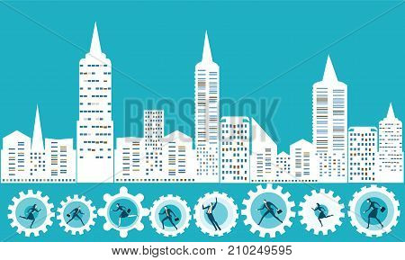 Business people running inside of gears. Modern competitive lifestyle in the City. Concept illustration