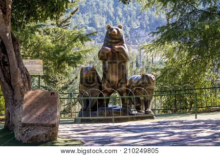 JERUSALEM, ISRAEL - JANUARY 23: Group of Bears - bronze sculpture by Paul Manship at the Jerusalem Biblical Zoo, Israel on January 23, 2017