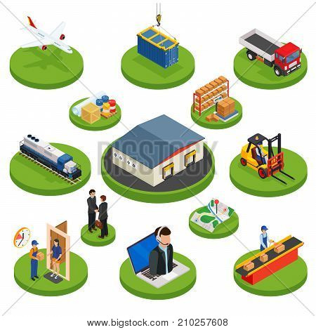 Logistics isometric icons set of different transportation distribution vehicles and delivery elements isolated vector illustration