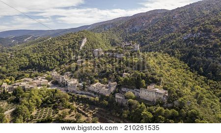 Aerial view of Oppede-le-Vieux, a ghost village in the Vaucluse department in southeastern France