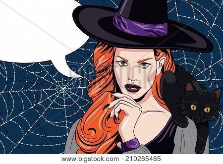 Vector illustration of a witch with a black cat on her shoulder and speech bubble. Pop art style. Halloween mood