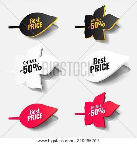 Paper autumn leaves. Tags, icons, labels, stickers of red, white and black with text about discounts and prices are cut from paper with a shadow. Can be used in layout design, mock-up