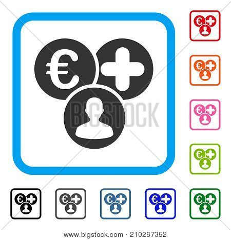 Euro Medical Expences icon. Flat gray pictogram symbol inside a light blue rounded rectangular frame. Black, gray, green, blue, red, orange color versions of Euro Medical Expences vector.