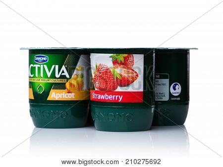 London, Uk - October 20, 2017: Pack Of Activia Yogurt With Apricot And Strawberry On White. Activia