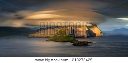 Vagar and Tindholmur islands in sunset Faroe Islands