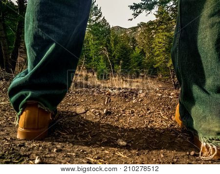 Forest seen between man's legs and hiking boots
